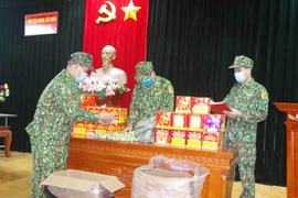 Lực lượng biên phòng kiểm kê số pháo nổ bị thu giữ. (Ảnh: Quang Duy/TTXVN)