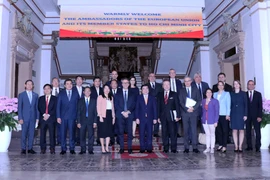 Ông Nguyễn Thành Phong, Chủ tịch Ủy ban nhân dân Thành phố Hồ Chí Minh tiếp đoàn Đại sứ các quốc gia thành viên Liên minh châu Âu tại Việt Nam. (Ảnh: Xuân Khu/TTXVN)