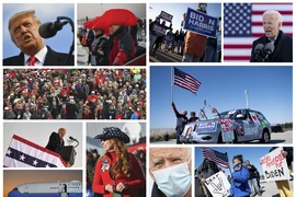 Các hình ảnh trong chiến dịch vận động tranh cử nước rút của đương kim Tổng thống Mỹ Donald Trump (cột ảnh trái) và ứng viên của đảng Dân chủ Joe Biden (cột ảnh phải). (Ảnh: AFP/TTXVN)