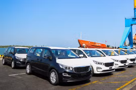 Lô xe Kia Grand Carnival được đưa vào container tại Khu công nghiệp THACO Chu Lai (Quảng Nam) để xuất khẩu sang Thái Lan. (Nguồn: PV/Vietnam+)