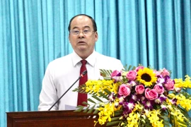 Chủ tịch UBND tỉnh An Giang Nguyễn Thanh Bình phát biểu tại kỳ họp. (Ảnh: Thanh Sang/TTXVN)