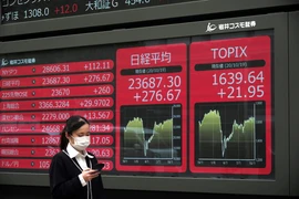 Bảng điện tử niêm yết các chỉ số chứng khoán tại sàn giao dịch chứng khoán Tokyo, Nhật Bản. (Ảnh: AFP/TTXVN)