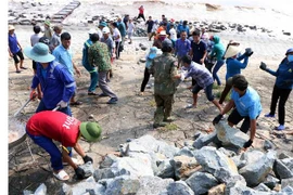 Người dân thôn Hải Nam, xã Cẩm Nhượng (Cẩm Xuyên, Hà Tĩnh) gia cố tuyến kè biển bị sạt lở. (Ảnh: Công Tường/TTXVN)