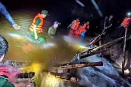 Lực lượng chức năng và người dân dầm mình trong nước lũ để cứu đê. (Nguồn: baonghean.vn)