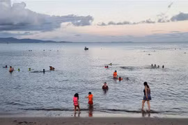 Bãi biển Bình Sơn, thành phố Phan Rang-Tháp Chàm thu hút rất đông du khách. (Ảnh: Nguyễn Thành/TTXVN)