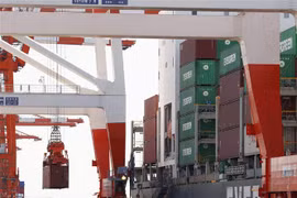Bốc dỡ container hàng hóa tại cảng ở Tokyo, Nhật Bản. (Ảnh: Kyodo/TTXVN)