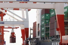 Bốc dỡ container hàng hóa tại cảng ở Tokyo, Nhật Bản. (Ảnh: Kyodo/TTXVN)