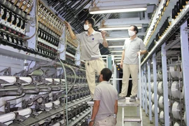 Công nhân vận hành xưởng filament của VNPOLY và chuyên gia của SSFC. (Ảnh: PV/Vietnam+)