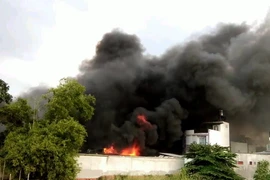 Khói đen bốc lên ngùn ngụt từ xưởng tôm đông lạnh. (Ảnh: Mạnh Linh/TTXVN)