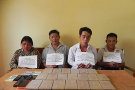 Các đối tượng bị bắt cùng tang vật vụ án. (Ảnh: Lê Hữu Quyết/TTXVN )