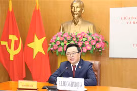 Ủy viên Trung ương Đảng, Trưởng Ban Đối ngoại Trung ương Hoàng Bình Quân hội đàm trực tuyến. (Ảnh: Phương Hoa/TTXVN)