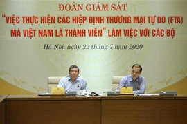 Chủ nhiệm Ủy ban Đối ngoại của Quốc hội Nguyễn Văn Giàu và Chủ nhiệm Ủy ban Kinh tế của Quốc hội Vũ Hồng Thanh chủ trì làm việc với Bộ Công Thương. (Ảnh: Dương Giang/TTXVN)