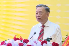 Đại tướng Tô Lâm, Ủy viên Bộ Chính trị, Bộ trưởng Bộ Công an, phát biểu tại đại hội. (Ảnh: Đinh Tuấn/TTXVN)