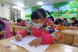 Học sinh Trường Tiểu học Phạm Tu (Thanh Liệt, Hà Nội) đi học trực tiếp trở lại. (Ảnh: Phạm Mai/Vietnam+)