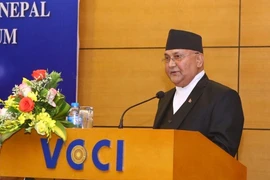 Thủ tướng Nepal Khadga Prasad Sharma Oli phát biểu tại Diễn đàn Doanh nghiệp Việt Nam-Nepal (Ảnh: Minh Quyết/TTXVN) 