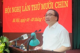 Ủy viên Bộ Chính trị, Bí thư Thành ủy Hà Nội Hoàng Trung Hải phát biểu tại hội nghị. (Ảnh: Nguyễn Thắng/TTXVN)