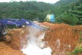 Lực lượng chức năng tỉnh Yên Bái rắc vôi, tiêu hủy lợn nhiễm bệnh. (Ảnh: Ngọc Anh/TTXVN)