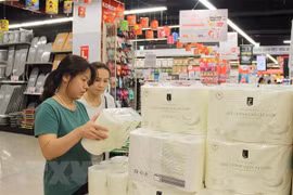 Người tiêu dùng mua sắm hàng tiêu dùng thiết yếu cho gia đình. (Ảnh: Mỹ Phương/TTXVN)