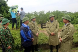 Ông Nguyễn Văn Thắng (bên phải), Chủ tịch UBND tỉnh Quảng Ninh kiểm tra công tác phòng chống bão số 3 tại tuyến đê xung yếu thị xã Quảng Yên. (Ảnh: Đức Hiếu/TTXVN)