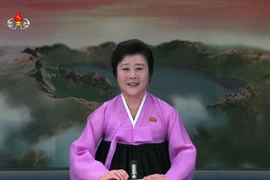 Phát thanh viên đài truyền hình Triều Tiên đọc bản tin thông báo về vụ phóng vệ tinh quan sát Kwangmyong 4 ngày 7/2. 