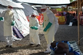 Nhân viên y tế chăm sóc bệnh nhân nhiễm virus Ebola tại một trung tâm y tế ở , Kenema, Sierra Leone. (Nguồn: AFP/TTXVN)