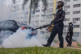 Phun thuốc diệt muỗi tại một khu dân cư ở quận Aljunied, Singapore. (Nguồn: EPA/TTXVN)