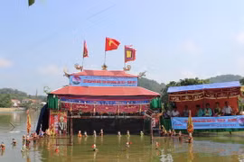 Tiết mục "Câu ếch" do phường rối nước Thanh Hải, huyện Thanh Hà biểu diễn. (Ảnh: Mạnh Minh/TTXVN) 