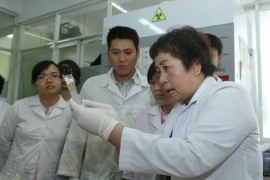 Phó giáo sư, tiến sỹ Đặng Thị Cẩm Hà hướng dẫn các nghiên cứu sinh tại phòng thí nghiệm. (Ảnh: Phương Hoa/TTXVN)