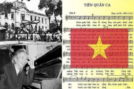 Nhạc sỹ Văn Cao và tác phẩm "Tiến quân ca." (Ảnh: TTXVN)