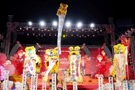 Màn trình diễn múa lân leo giàn Mai Hoa Thung độc đáo tại đêm hội. (Ảnh: Thu Hương/TTXVN)