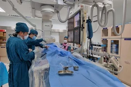 Bác sỹ Bệnh viện Đa khoa tỉnh Ninh Thuận tiếp nhận kỹ thuật can thiệp thần kinh mạch máu não do bác sỹ Bệnh viện Đại học Y Dược TP.Hồ Chí Minh chuyển giao. (Ảnh: Nguyễn Thành/TTXVN)