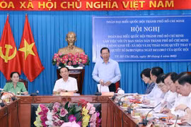 Ông Phan Văn Mãi, Chủ tịch UBND Thành phố, Trưởng đoàn Đoàn đại biểu Quốc hội Thành phố Hồ Chí Minh phát biểu tại Hội nghị. (Ảnh: Xuân Khu/TTXVN)
