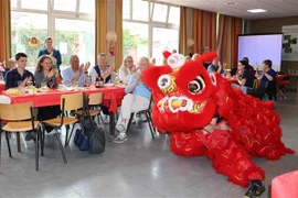 Khán giả thích thú khi xem biểu diễn múa lân. (Ảnh: Hương Giang/TTXVN)