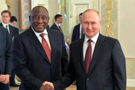 Tổng thống Nga Vladimir Putin (phải) và Tổng thống Nam Phi Cyril Ramaphosa trong cuộc gặp tại Strelna, ngoại ô Saint Petersburg (Nga) ngày 17/6/2023. (Ảnh: AFP/TTXVN)