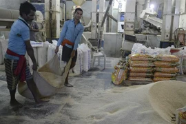 Công nhân làm việc tại một nhà máy xay xát gạo ở Hyderabad, Ấn Độ. (Ảnh: AFP/TTXVN)