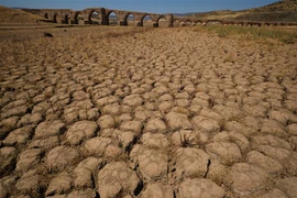 Hồ chứa nước Cijara ở Extremadura, Tây Ban Nha, cạn khô do thiếu mưa, ngày 15/8/2022. (Ảnh: THX/TTXVN)