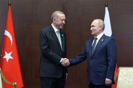 Tổng thống Nga Vladimir Putin (phải) và Tổng thống Thổ Nhĩ Kỳ Tayyip Erdogan tại cuộc gặp ở Astana, Kazakhstan, ngày 13/10/2022. (Ảnh: AFP/TTXVN)