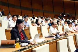 Đoàn đại biểu Quốc hội tỉnh Thái Nguyên biểu quyết thông qua Nghị quyết về Chương trình xây dựng luật, pháp lệnh năm 2024. (Ảnh: Phạm Kiên/TTXVN)