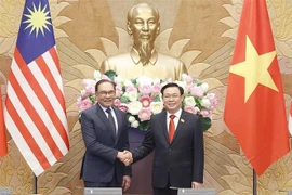 Chủ tịch Quốc hội Vương Đình Huệ và Thủ tướng Malaysia Anwar Ibrahim chụp ảnh chung. (Ảnh: Doãn Tấn/TTXVN)