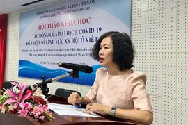 Phó giáo sư-Tiến sỹ Trần Thị Lan Hương, Trưởng Ban Quản lý Khoa học, Viện Hàn lâm Khoa học Xã hội Việt Nam, phát biểu tại Hội thảo. (Ảnh: Anh Tuấn/TTXVN)