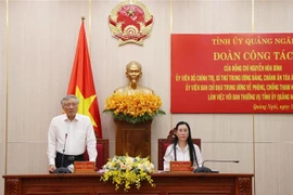 Ông Nguyễn Hòa Bình, Ủy viên Bộ Chính trị, Bí Thư Trung ương Đảng, Chánh án Tòa án Nhân dân tối cao, Ủy viên Ban Chỉ đạo Trung ương về phòng, chống tham nhũng tiêu cực, phát biểu tại buổi làm việc. (Ảnh: Phạm Cường/TTXVN)