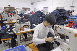 Người lao động làm việc tại cơ sở may Dương Ngọc ở thôn 1, xã Hòa Hậu, huyện Lý Nhân, Hà Nam. (Ảnh: Trần Việt/TTXVN)