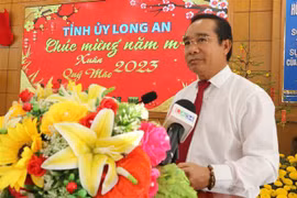 Bí thư Tỉnh ủy, Chủ tịch HĐND tỉnh Long An Nguyễn Văn Được tại buổi tiếp các đồng lãnh đạo, nguyên lãnh đạo Trung ương và đồng hương thăm, chúc Tết Đảng bộ, chính quyền và nhân dân tỉnh. (Ảnh: Thanh Bình/TTXVN)