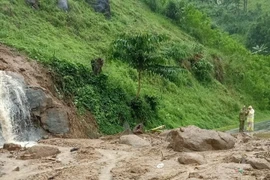 Sạt lở trên đèo Violak khiến giao thông trên Quốc lộ 24 từ Quảng Ngãi đi Kon Tum bị chia cắt. (Ảnh: TTXVN phát)