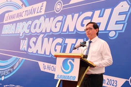 Ông Bùi Thanh Giang, Phó tổng giám đốc, Chủ tịch Hội đồng Khoa học công nghệ Tổng công ty Cấp nước Sài Gòn phát biểu tại Tuần lễ Khoa học công nghệ và sáng tạo năm 2023. (Ảnh: PV/Vietnam+)