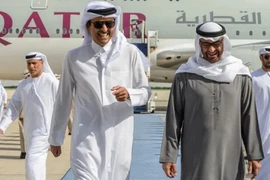 Tổng thống UAE Sheikh Mohammed bin Zayed và Quốc vương Qatar Sheikh Tamim bin Hamad Al Thani tại Abu Dhabi, ngày 28/1. (Nguồn: UAE Presidential Court)