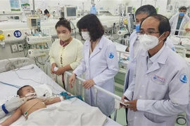 Thứ trưởng Bộ Y tế Nguyễn Thị Liên Hương kiểm tra công tác điều trị bệnh tay chân miệng tại Bệnh viện Nhi đồng 1 Thành phố Hồ Chí Minh. (Ảnh: Đinh Hằng/TTXVN)