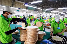 Công nhân làm thớt gỗ xuất khẩu tại Công ty cổ phần chế biến Gỗ Đức Thành, quận Gò Vấp, Thành phố Hồ Chí Minh trở lại làm việc sau Tết. (Ảnh: Hồng Đạt/TTXVN)