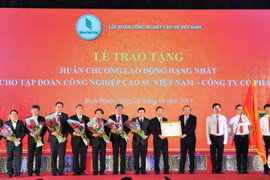 Phó Thủ tướng Thường trực Trương Hòa Bình trao Huân chương Lao động hạng Nhất cho Tập đoàn Cao su Việt Nam. (Ảnh: K GỬIH-TTXVN)