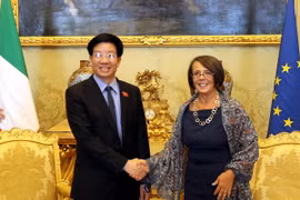 Phó Chủ nhiệm Văn phòng Quốc hội Phạm Đình Toản gặp, làm việc với Phó Chủ tịch Hạ viện Italy Marina Sereni. (Ảnh: Ngự Bình/TTXVN)